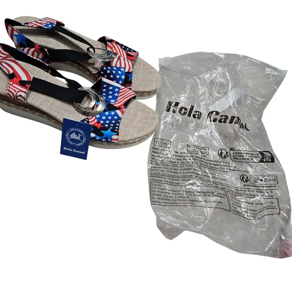 Hola Camel Wedge Sandals Womens 40 Red White Blue American Flag Patriotic Stars